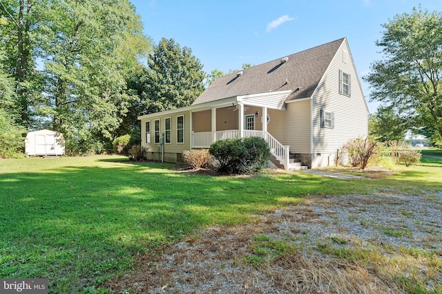 view of property exterior featuring a lawn and a shed