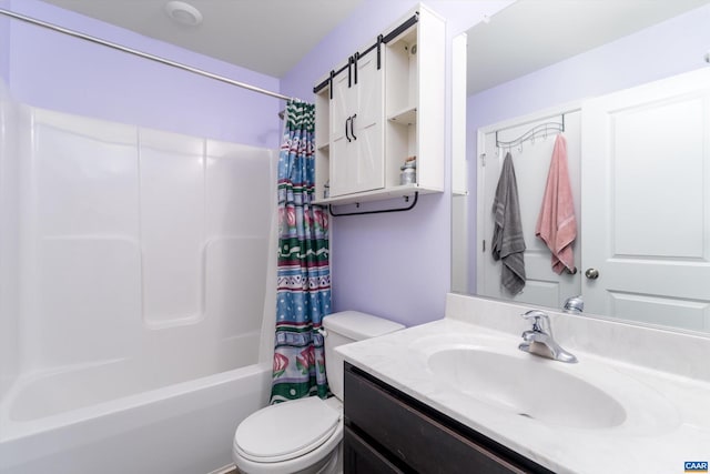 full bathroom with vanity, toilet, and shower / bath combo with shower curtain