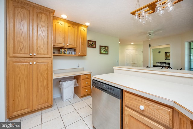 kitchen featuring a textured ceiling, stainless steel dishwasher, light tile patterned flooring, and ceiling fan