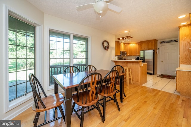 dining room with light hardwood / wood-style floors, ceiling fan, and a textured ceiling