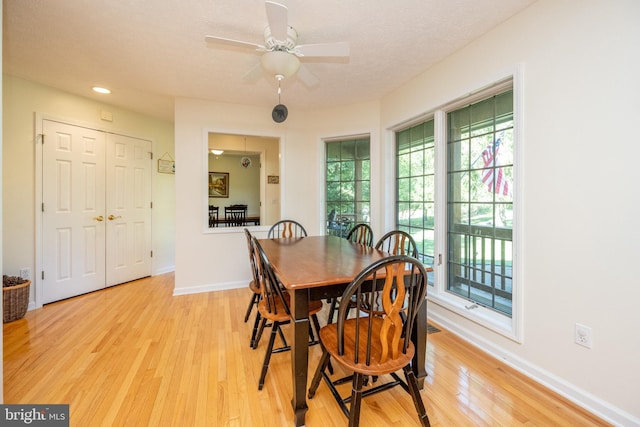 dining area with ceiling fan, a textured ceiling, and light hardwood / wood-style floors