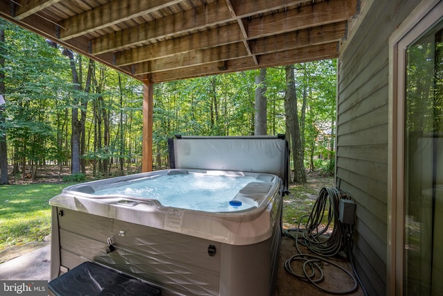 view of patio featuring a hot tub