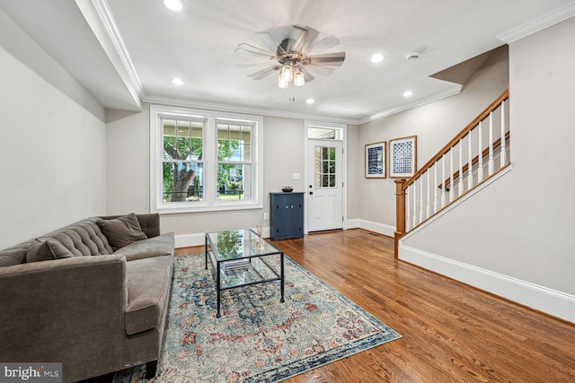 living room featuring crown molding, hardwood / wood-style floors, and ceiling fan