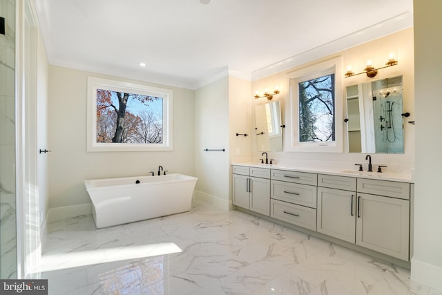 bathroom featuring plus walk in shower, vanity, and crown molding