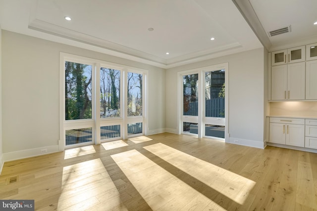 interior space featuring a raised ceiling, light wood-type flooring, and a wealth of natural light