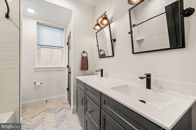 bathroom with vanity and separate shower and tub