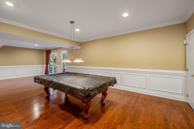 playroom featuring wood-type flooring, ornamental molding, and pool table