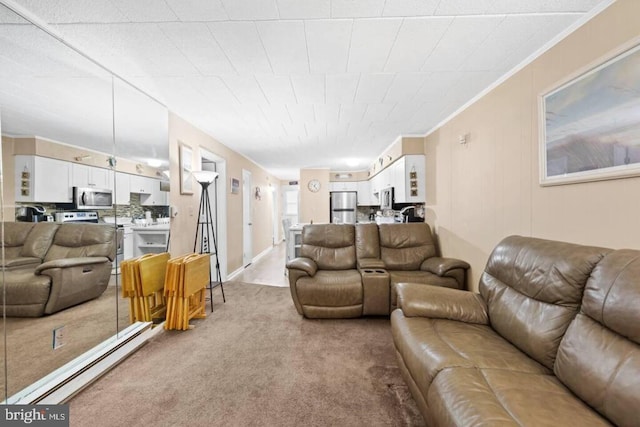 carpeted living room featuring crown molding