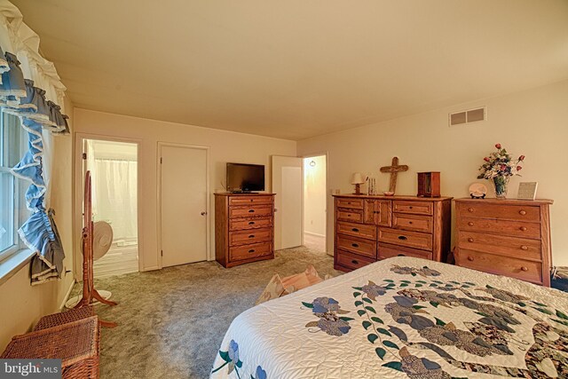 carpeted bedroom featuring ensuite bath