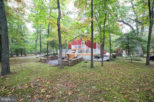 back of house with a wooden deck, a yard, and a patio