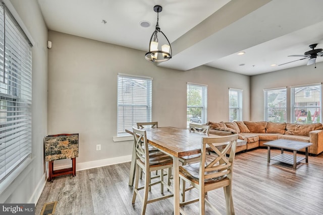 dining room featuring light wood-type flooring and ceiling fan with notable chandelier