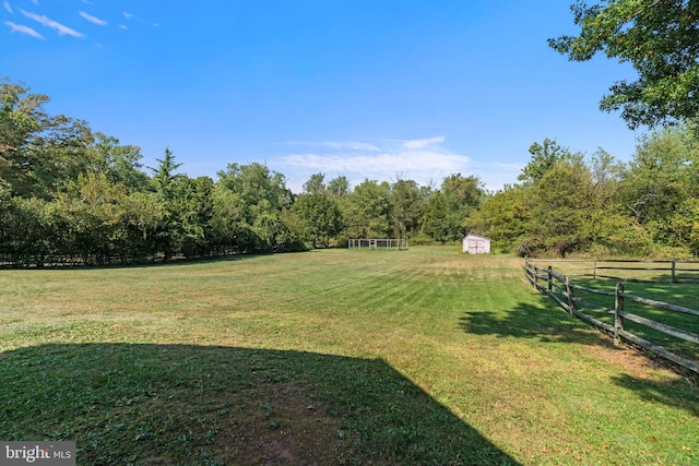 view of yard featuring a rural view and a storage unit