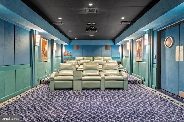 home theater with carpet floors