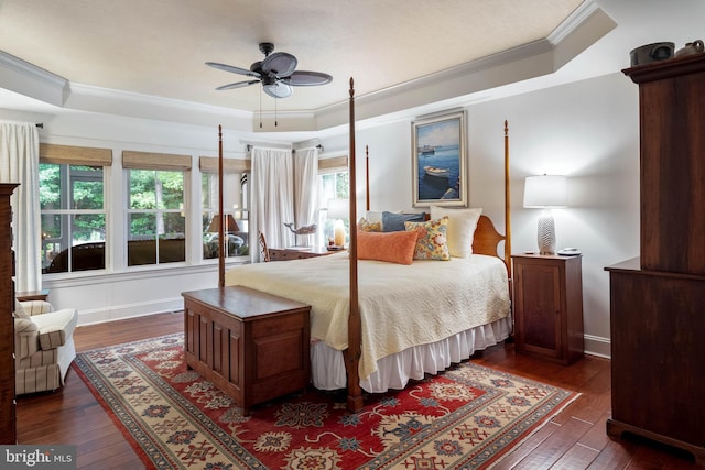 bedroom featuring ceiling fan, multiple windows, dark wood-type flooring, and crown molding