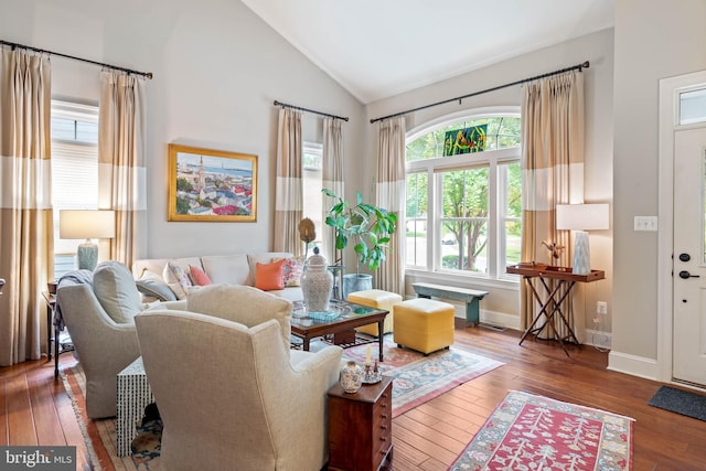 living room featuring hardwood / wood-style floors and high vaulted ceiling