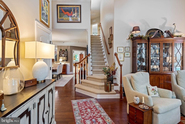 entryway with a towering ceiling and dark hardwood / wood-style flooring