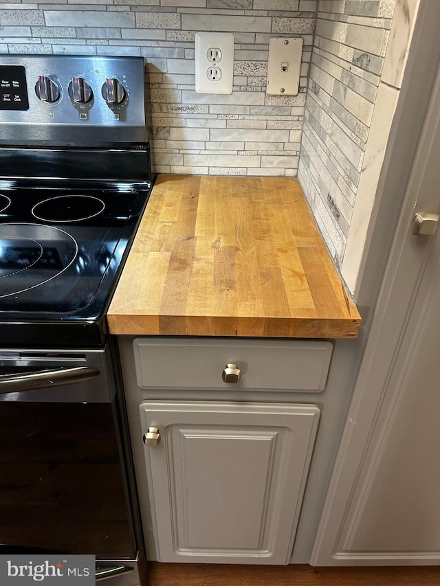 interior details featuring stainless steel electric stove and wooden counters