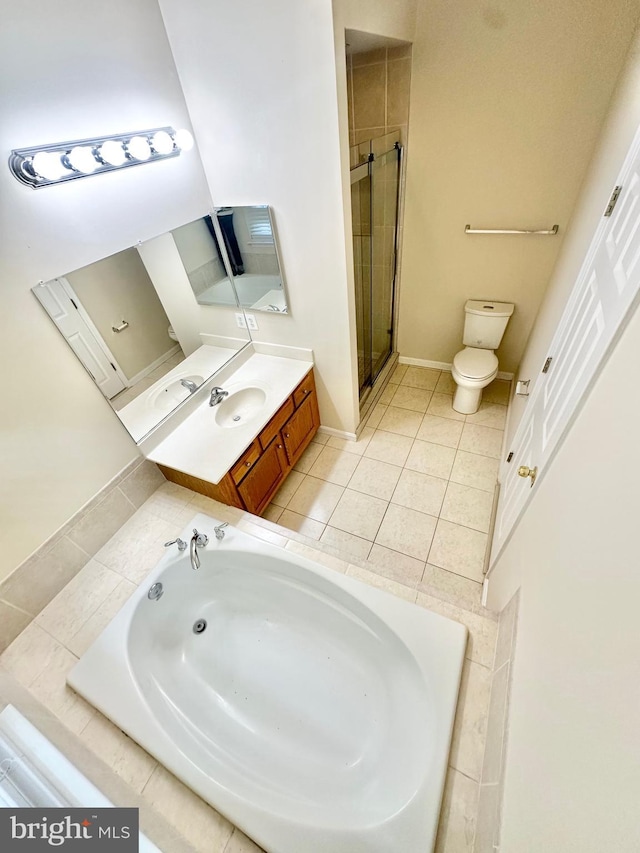 full bathroom with toilet, vanity, separate shower and tub, and tile patterned flooring