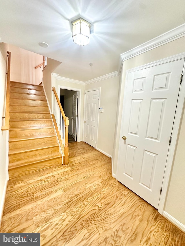 foyer entrance with crown molding and light wood-type flooring