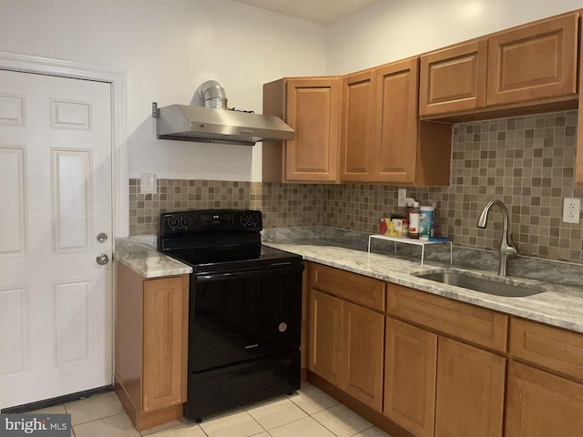 kitchen featuring electric range, light tile patterned flooring, ventilation hood, sink, and backsplash