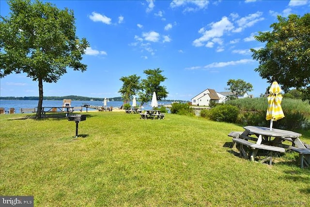 view of property's community featuring a yard and a water view