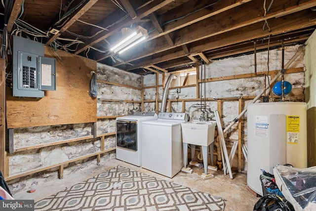 laundry area with electric panel, washer and clothes dryer, and water heater