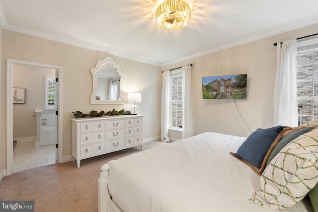 carpeted bedroom featuring ornamental molding