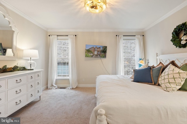 carpeted bedroom featuring multiple windows and ornamental molding