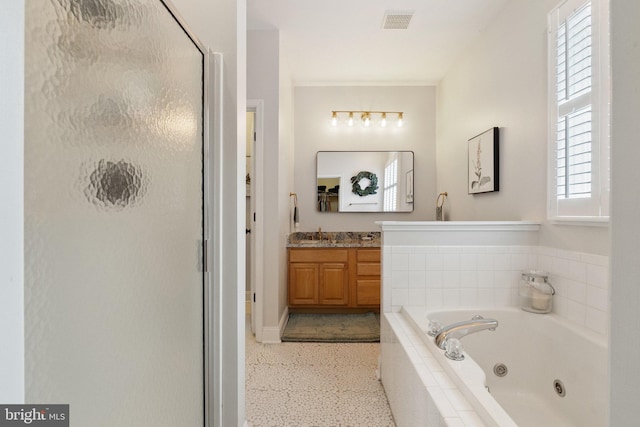 bathroom with vanity and separate shower and tub