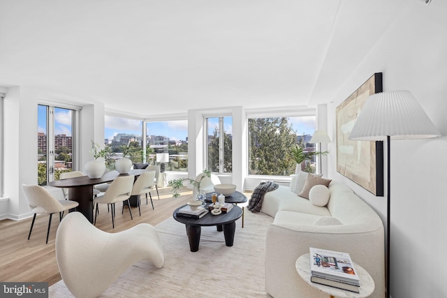 living room with light hardwood / wood-style flooring and a wall of windows