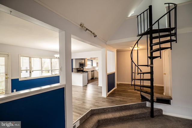 stairway featuring lofted ceiling, an inviting chandelier, and hardwood / wood-style flooring