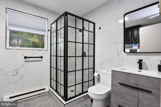 bathroom featuring tile walls, baseboard heating, a shower with shower door, vanity, and toilet