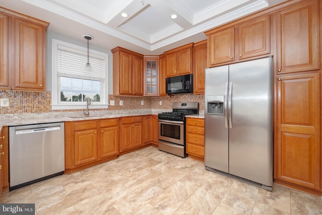 kitchen with sink, hanging light fixtures, light stone countertops, beamed ceiling, and stainless steel appliances