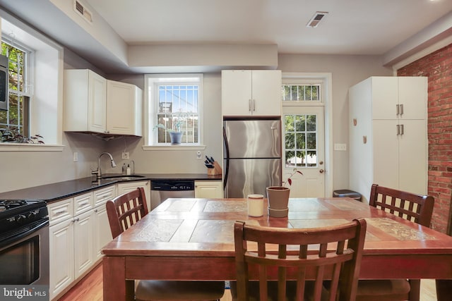 kitchen with brick wall, appliances with stainless steel finishes, plenty of natural light, and sink