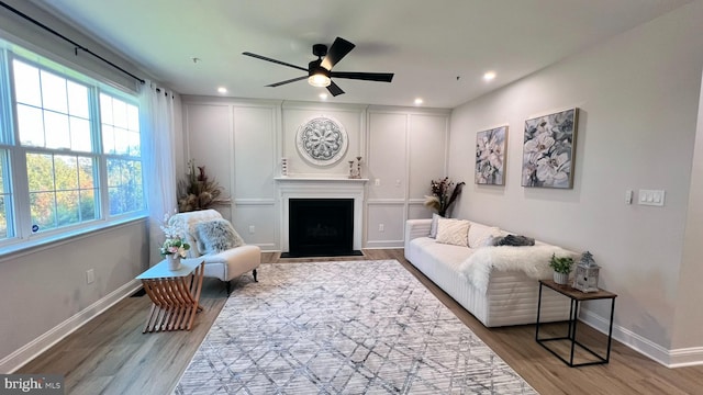 living room featuring ceiling fan and wood-type flooring