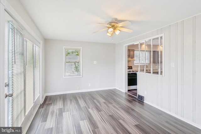 empty room featuring ceiling fan, hardwood / wood-style flooring, and sink