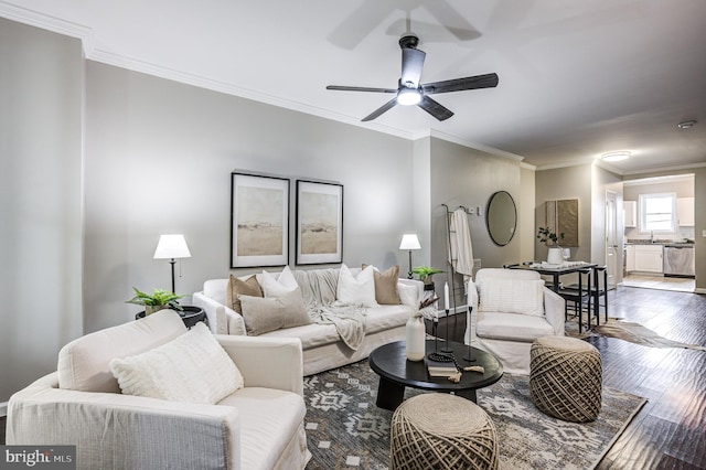 living room with ornamental molding, ceiling fan, and hardwood / wood-style flooring