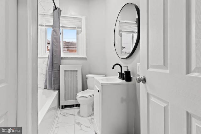 full bathroom featuring bathing tub / shower combination, vanity, and toilet