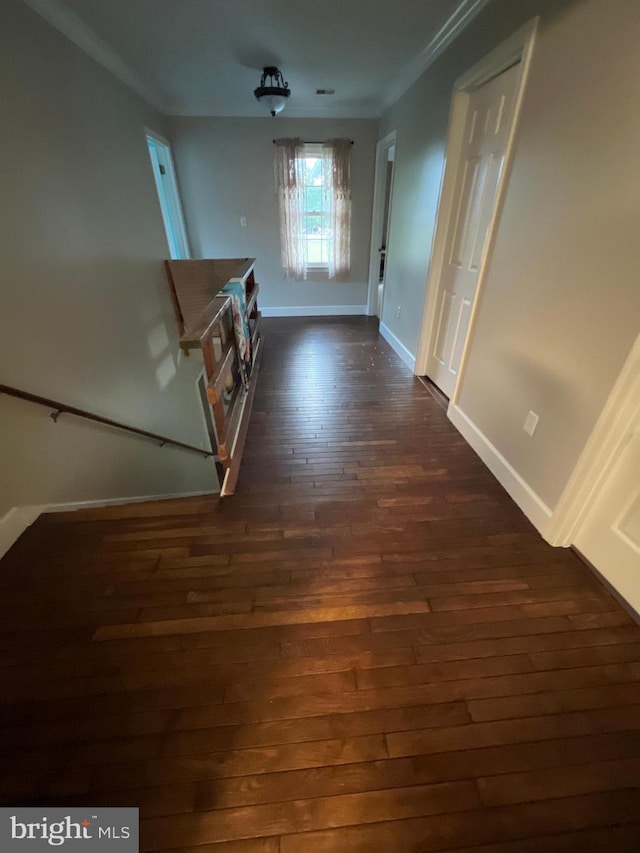 hallway featuring crown molding and dark hardwood / wood-style flooring