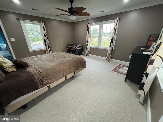 bedroom featuring carpet flooring, ceiling fan, ornamental molding, and multiple windows