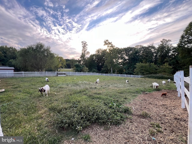 yard at dusk featuring a rural view