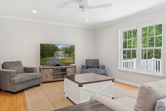 living room with light wood-type flooring, ornamental molding, and ceiling fan