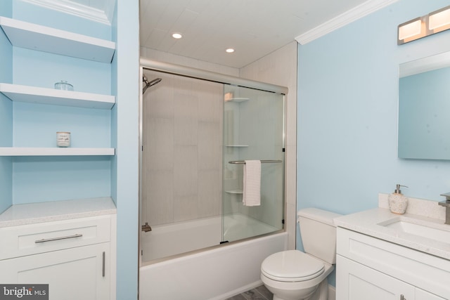 full bathroom with shower / bath combination with glass door, vanity, toilet, and crown molding