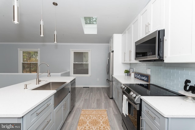 kitchen with appliances with stainless steel finishes, a skylight, light hardwood / wood-style flooring, and decorative light fixtures