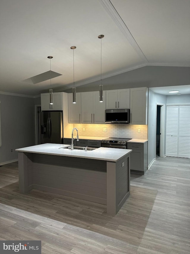 kitchen featuring pendant lighting, appliances with stainless steel finishes, light hardwood / wood-style floors, an island with sink, and sink