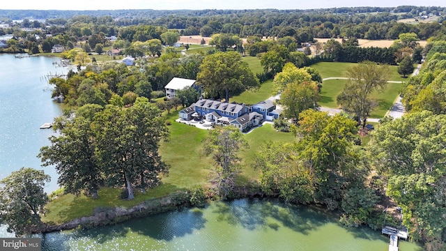 drone / aerial view with a water view