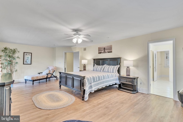 bedroom featuring ceiling fan and light hardwood / wood-style floors