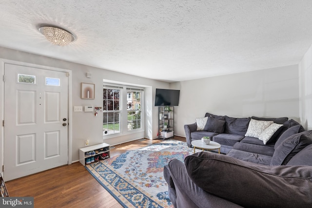 living room with a textured ceiling and dark hardwood / wood-style flooring