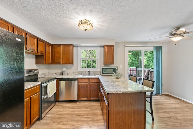 kitchen featuring ceiling fan, appliances with stainless steel finishes, light wood-type flooring, and a wealth of natural light