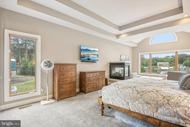 bedroom with carpet, a multi sided fireplace, and a tray ceiling